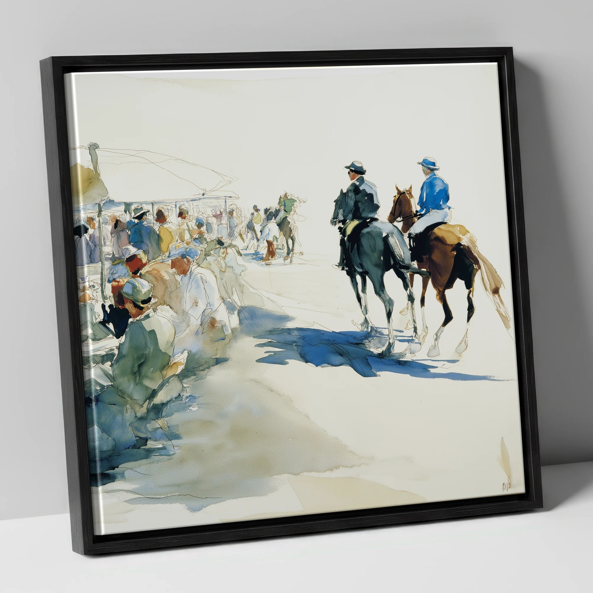 Leaving the Paddock racing horse canvas wall art in black frame