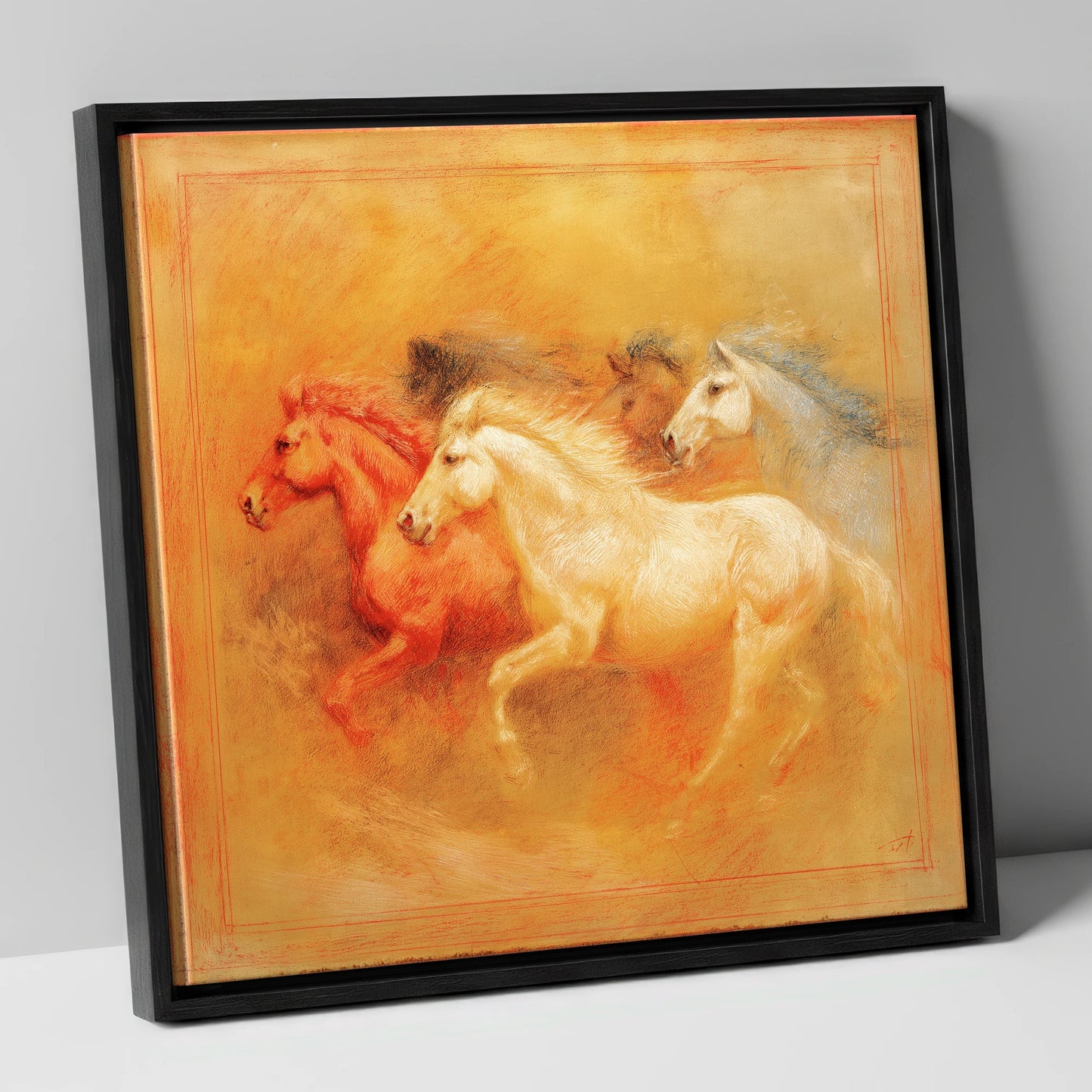 Spirited Terracotta Herd wild horses canvas wall art in black frame