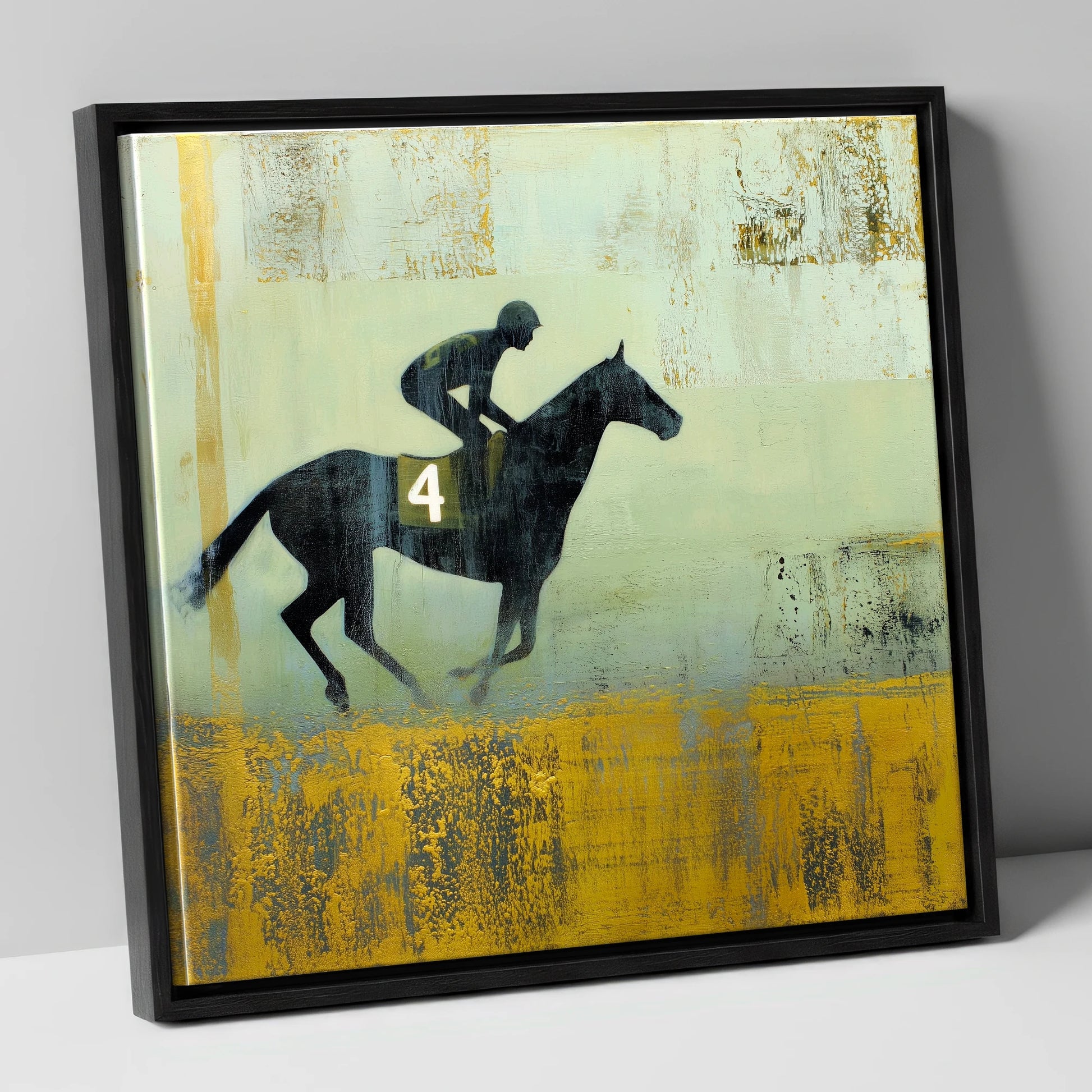 Gilded Number Four racing horse canvas wall art in black frame