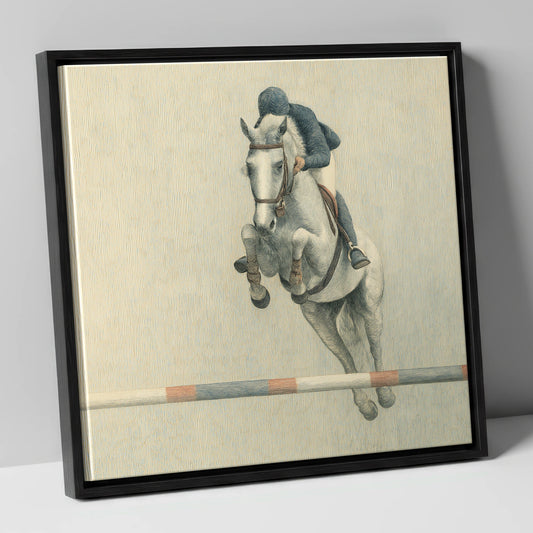 Suspended Flight show jumping horse canvas wall art in black frame