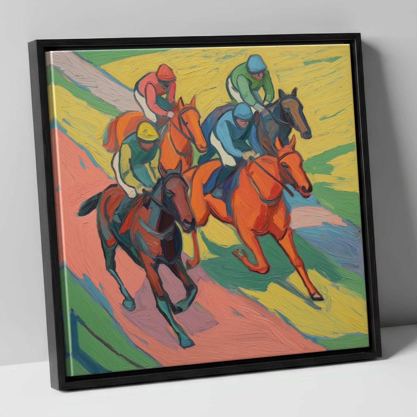 Colours of the Turf racing horse canvas wall art in black frame