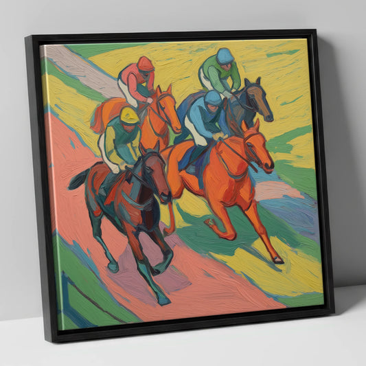Colours of the Turf racing horse canvas wall art in black frame