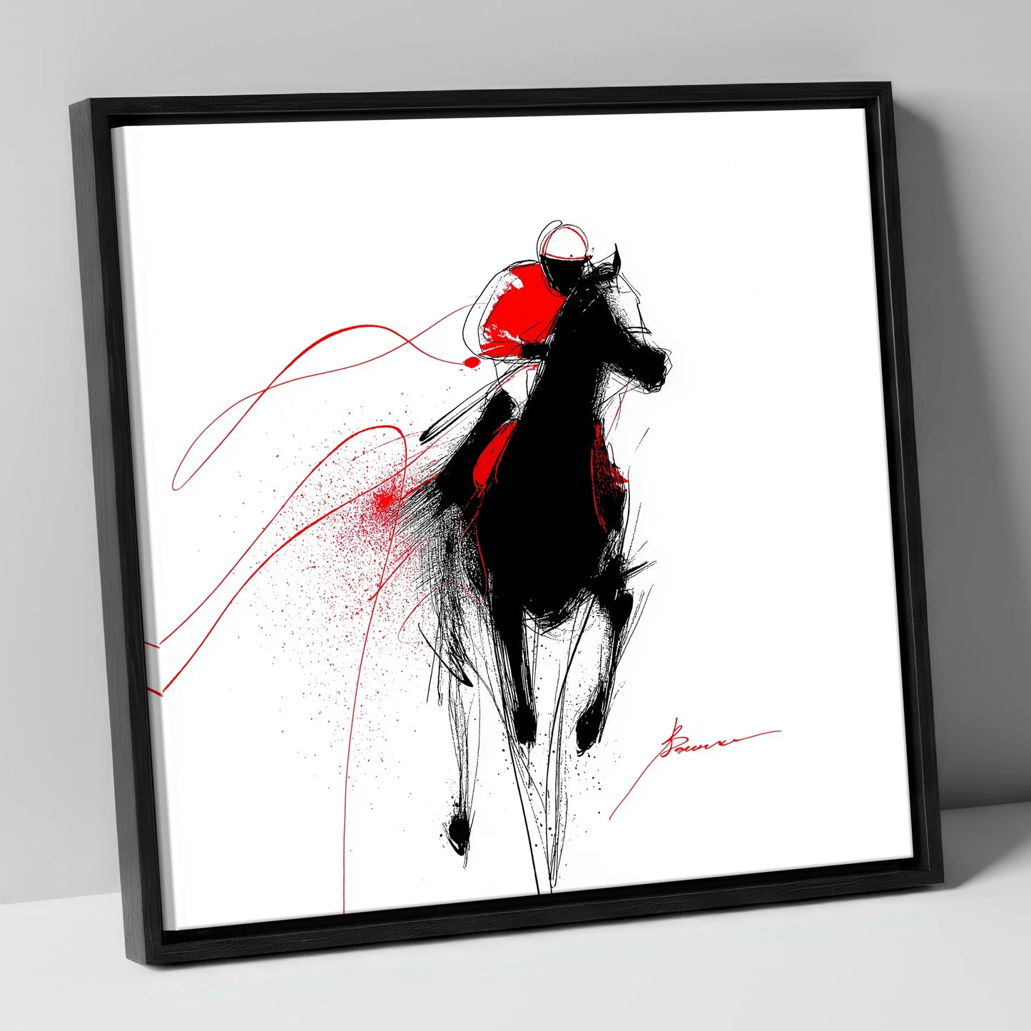 Crimson Gallop racing horse canvas wall art in black frame