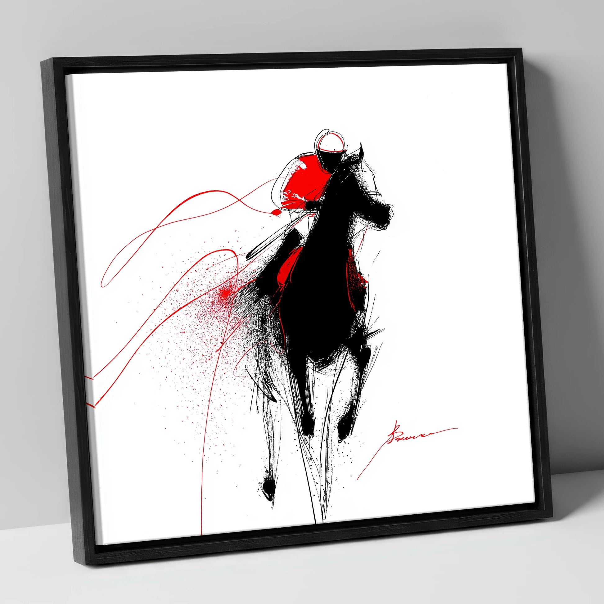 Crimson Gallop racing horse canvas wall art in black frame