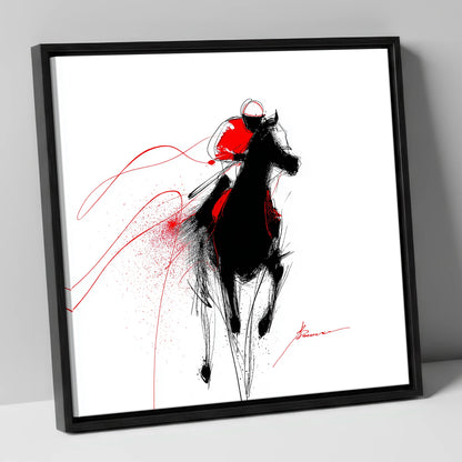 Crimson Gallop racing horse canvas wall art in black frame