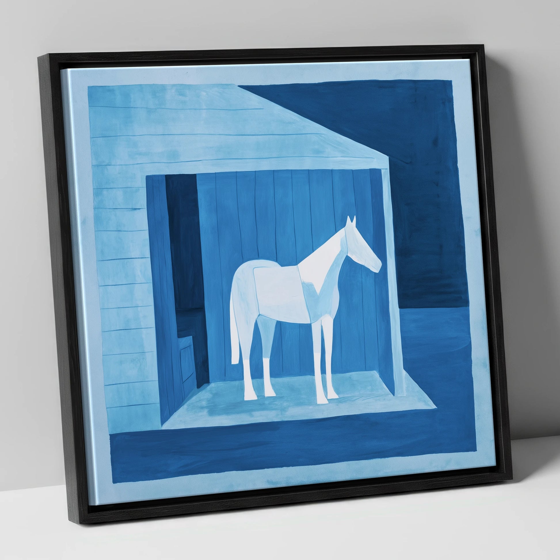 Azure Shelter horse stable canvas wall art in black frame