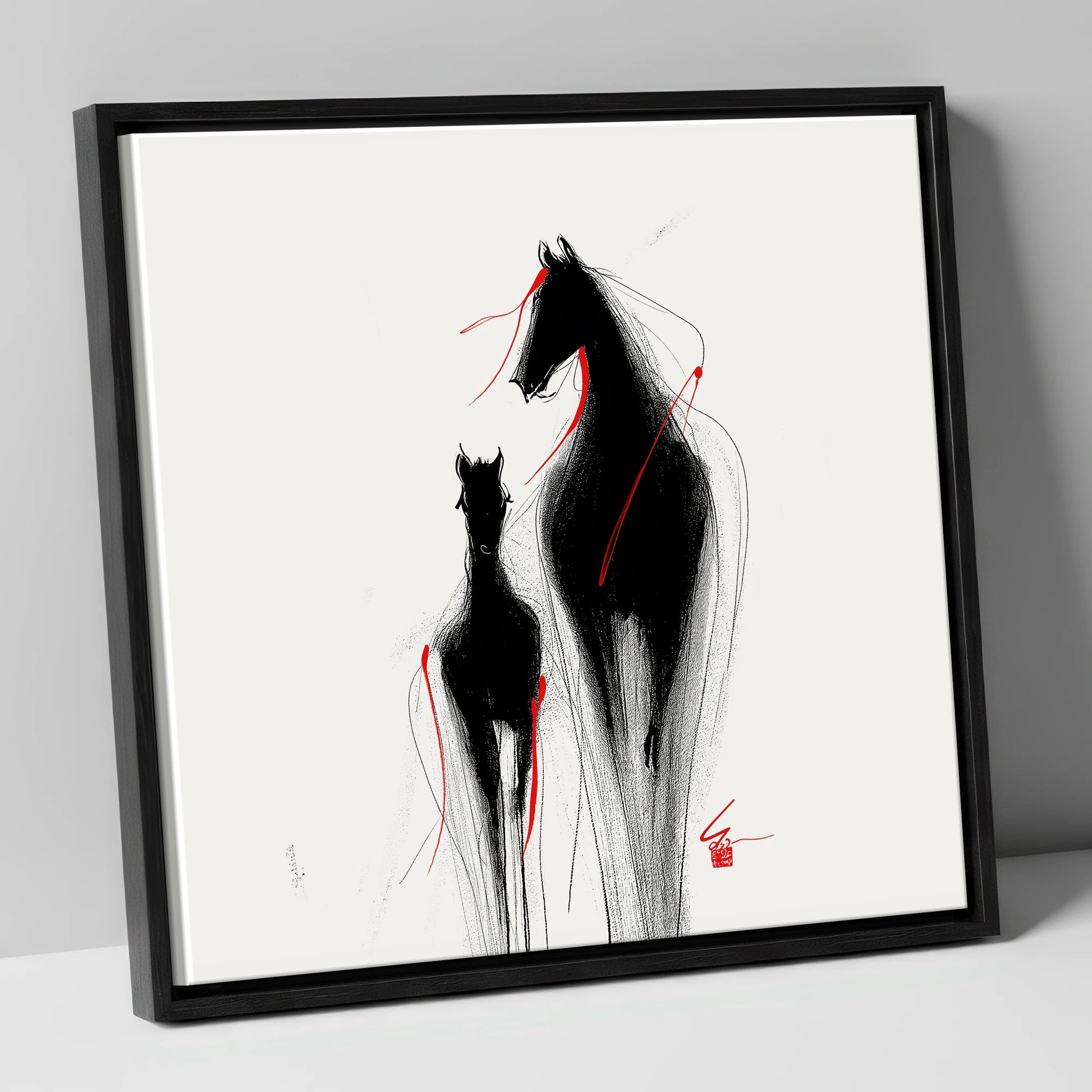 Crimson Threads mare & foal canvas wall art in black frame
