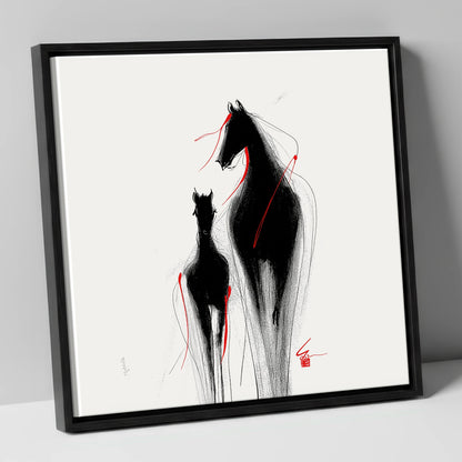 Crimson Threads mare & foal canvas wall art in black frame