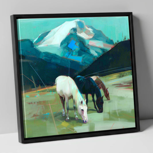 Teal Mountain Pasture horse landscape canvas wall art in black frame