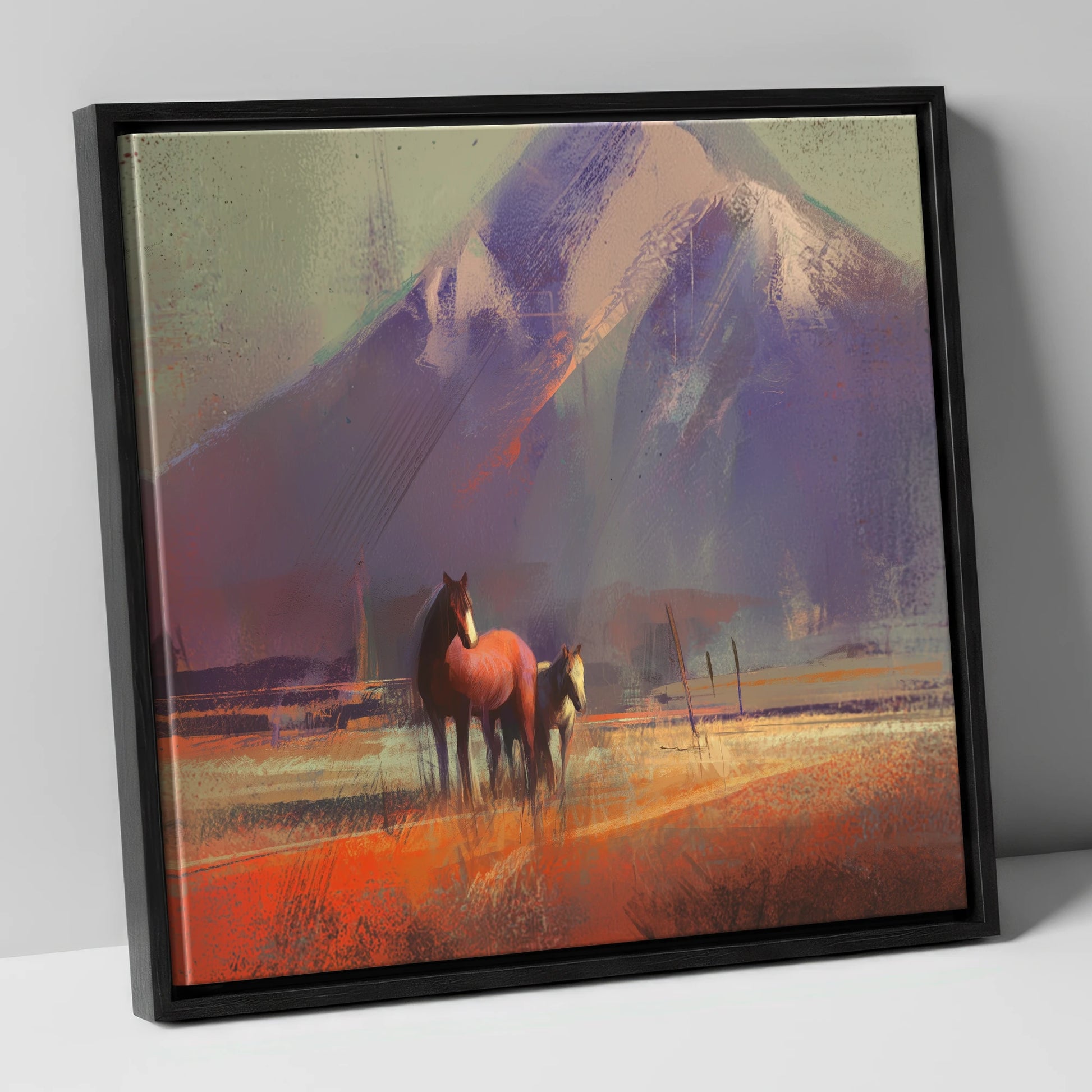 Amber Mountain Pastures horse landscape canvas wall art in black frame