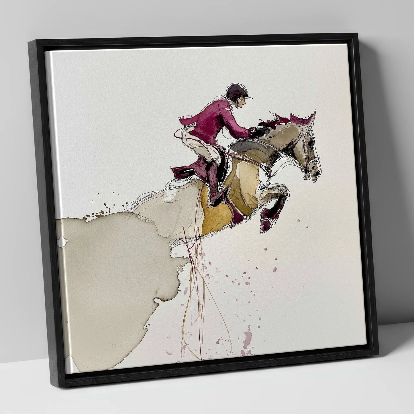 Burgundy Flight show jumping horse canvas wall art in black frame