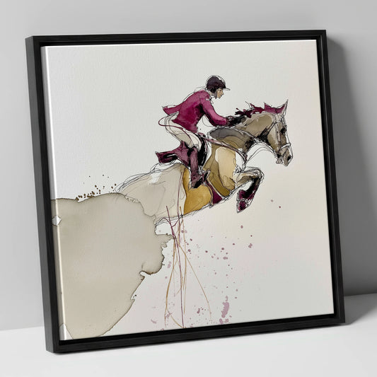 Burgundy Flight show jumping horse canvas wall art in black frame
