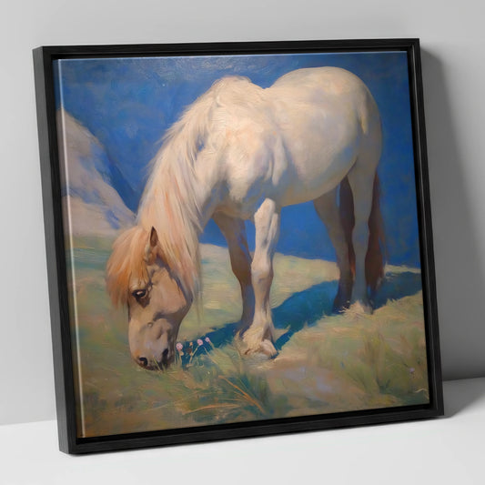 Sunlit Grazing horse breed canvas wall art in black frame
