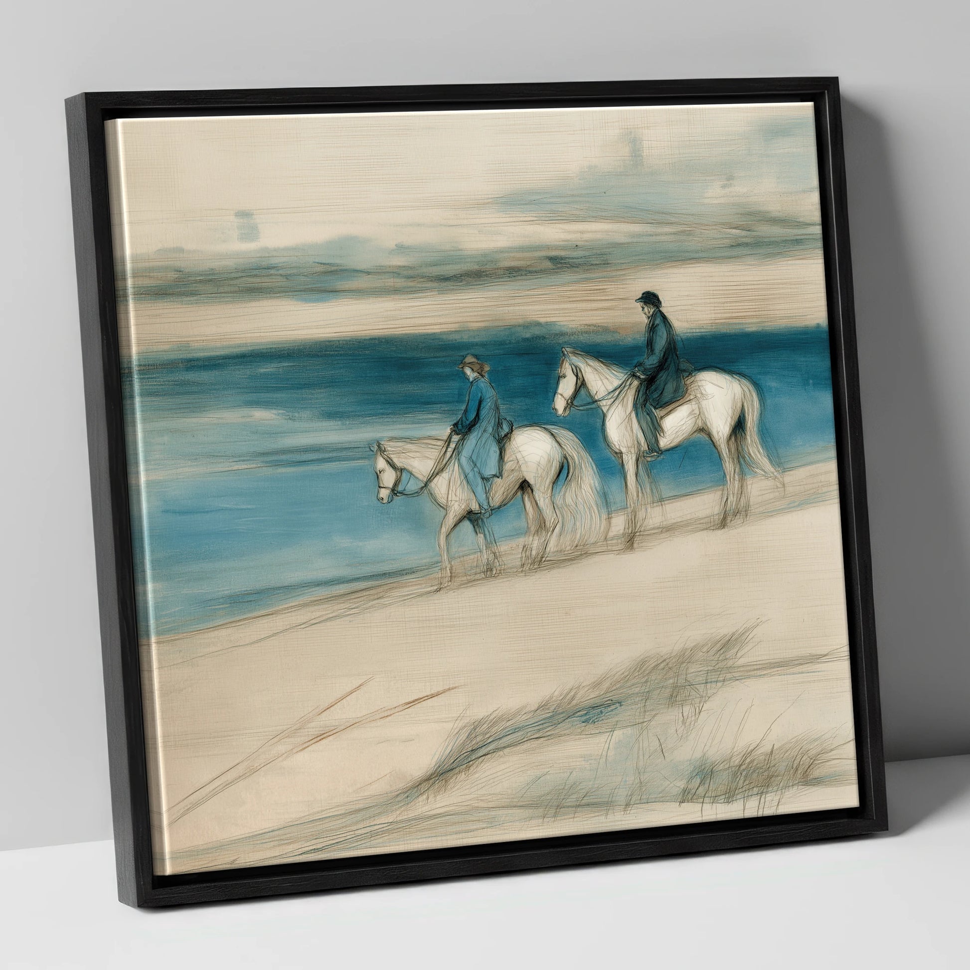 Tide Line Companions beach horse canvas wall art in black frame