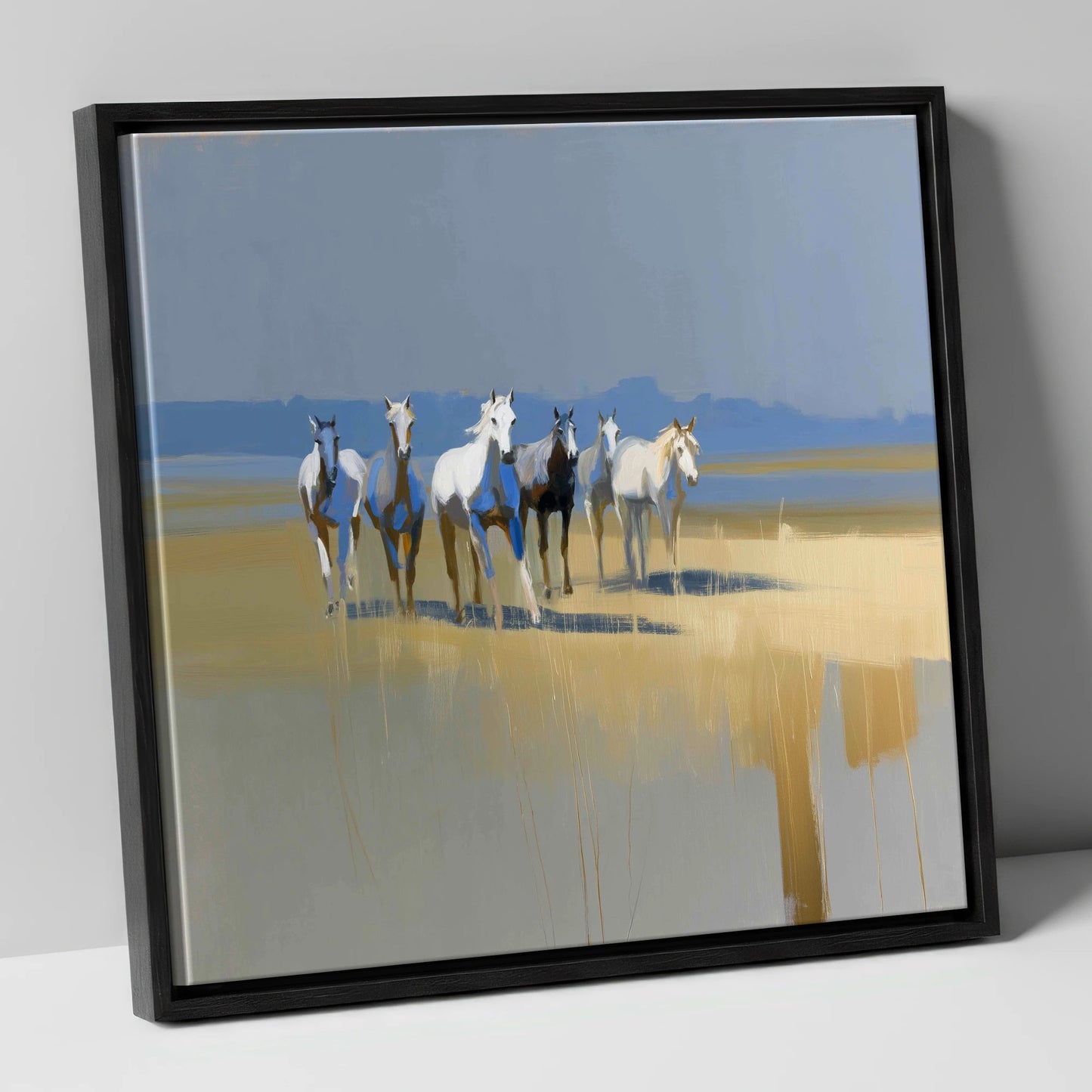 Blue Horizon Herd wild horses canvas wall art in black frame