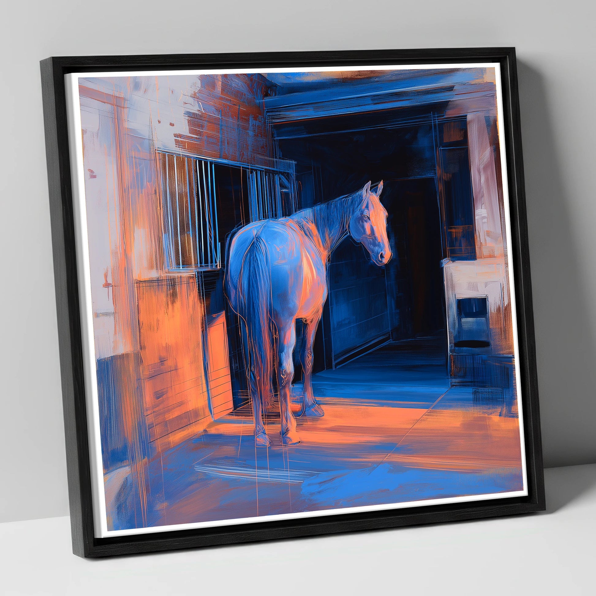 Quiet Light in the Yard horse stable canvas wall art in black frame