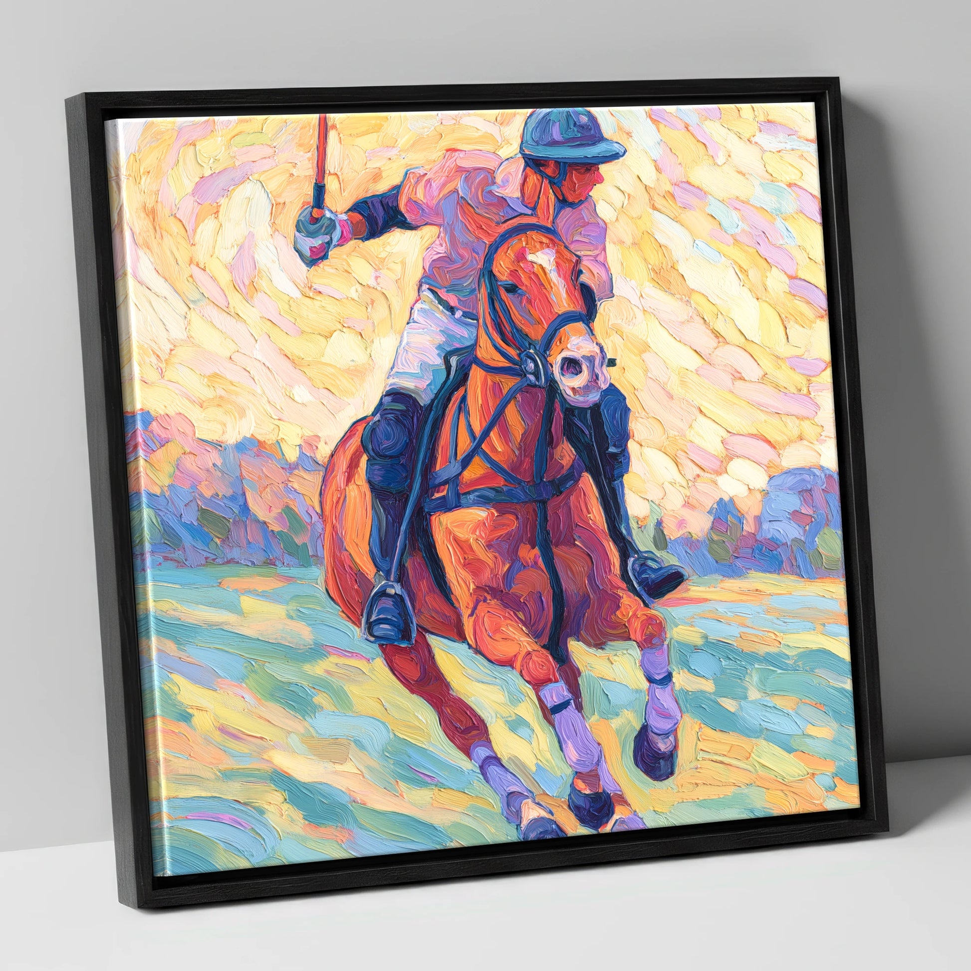 Vivid Polo Pursuit polo horse canvas wall art in black frame