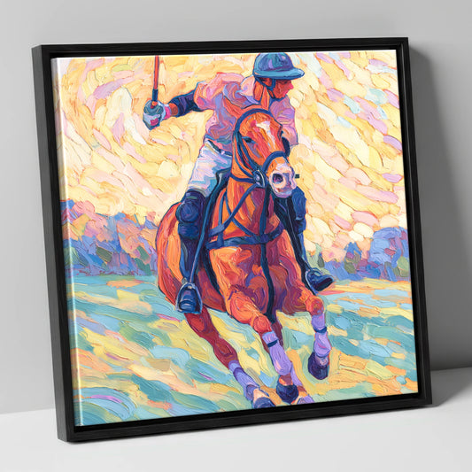Vivid Polo Pursuit polo horse canvas wall art in black frame