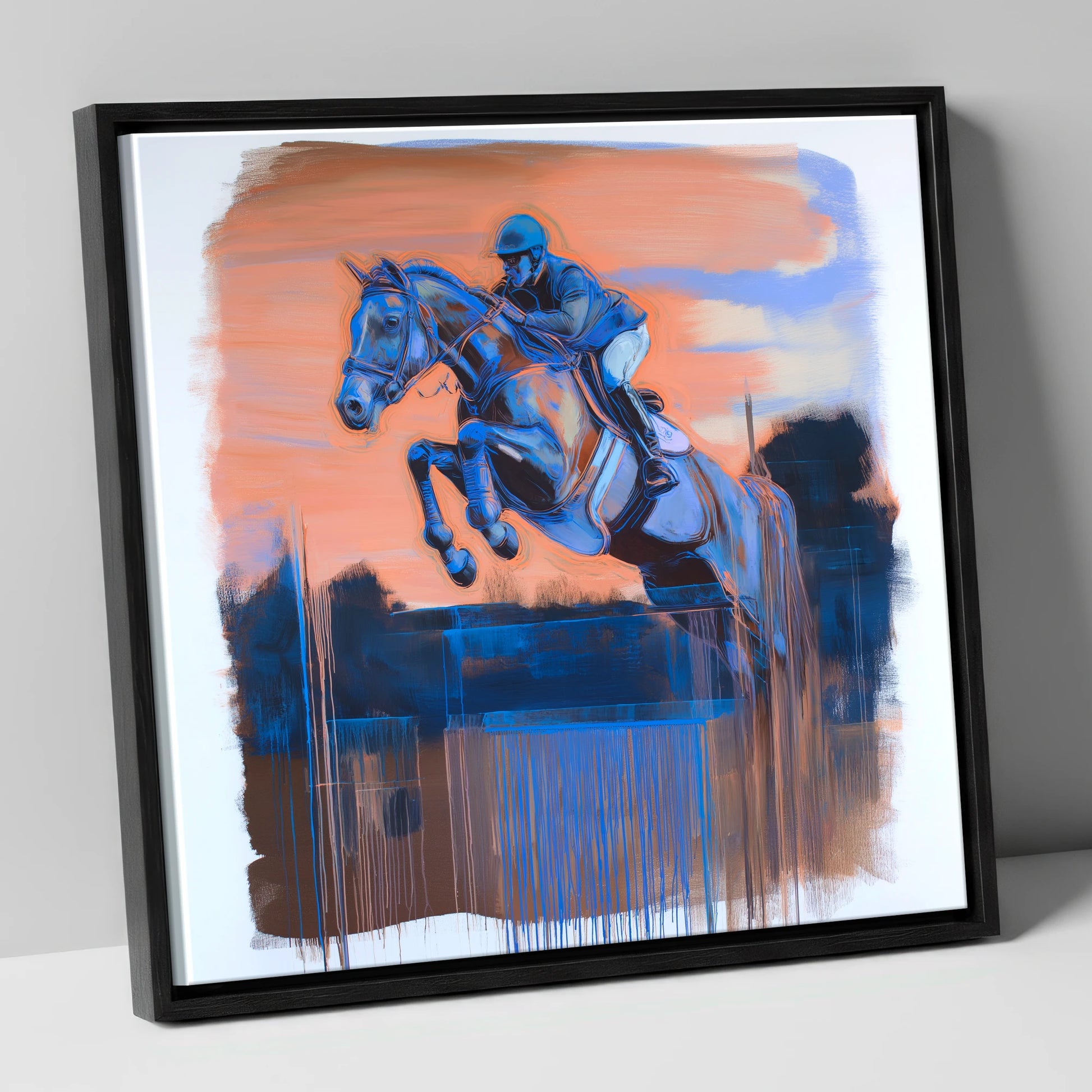 Cobalt Clearance show jumping horse canvas wall art in black frame