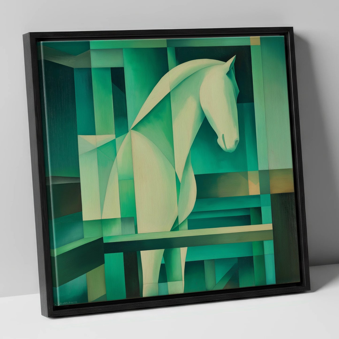 Verdant Rhythm horse stable canvas wall art in black frame