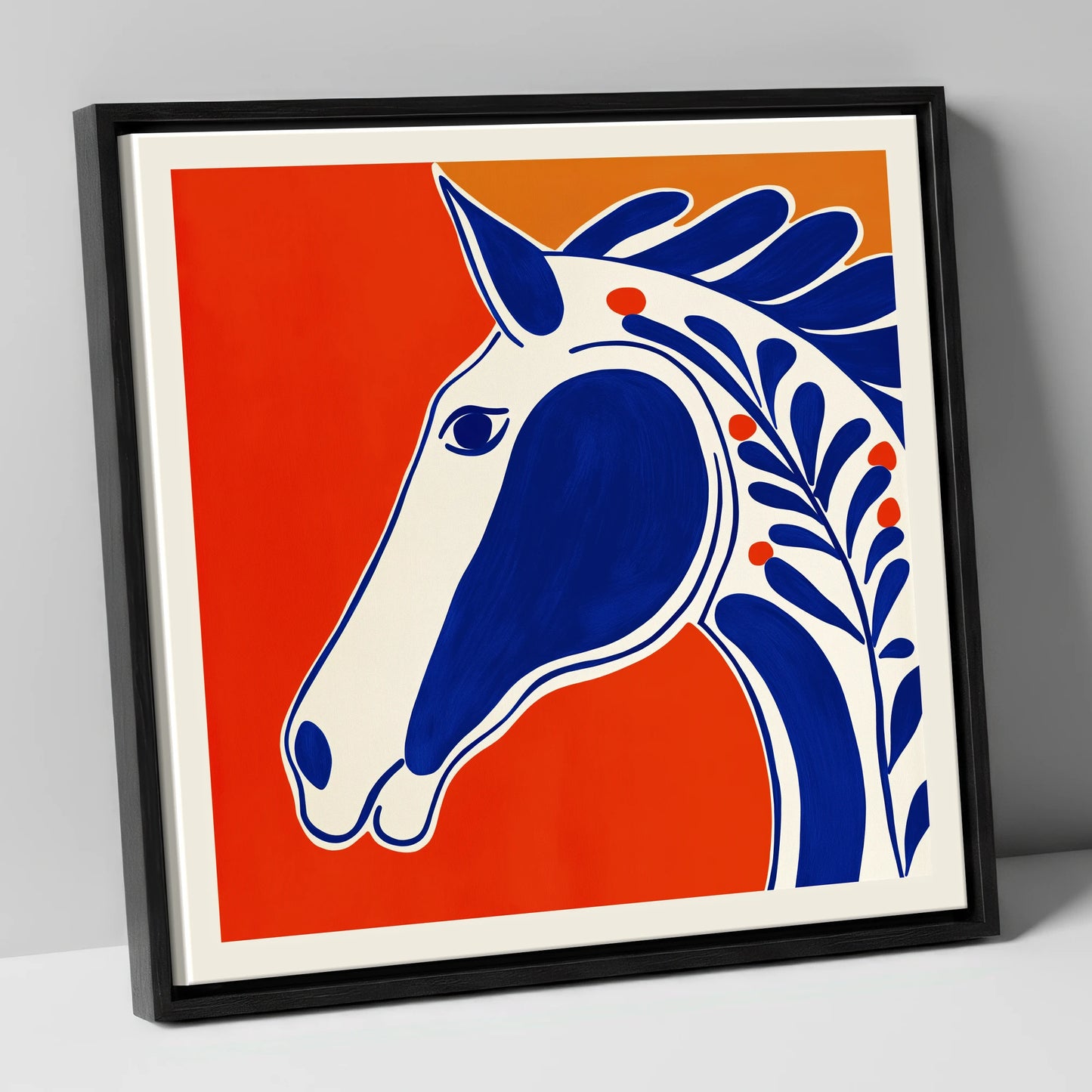 Bold Cobalt Equine Motif horse portrait canvas wall art in black frame