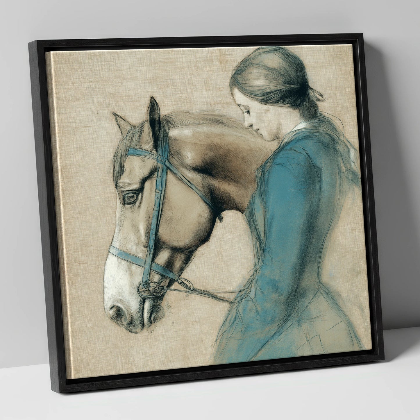 The Silent Bond horse & rider canvas wall art in black frame