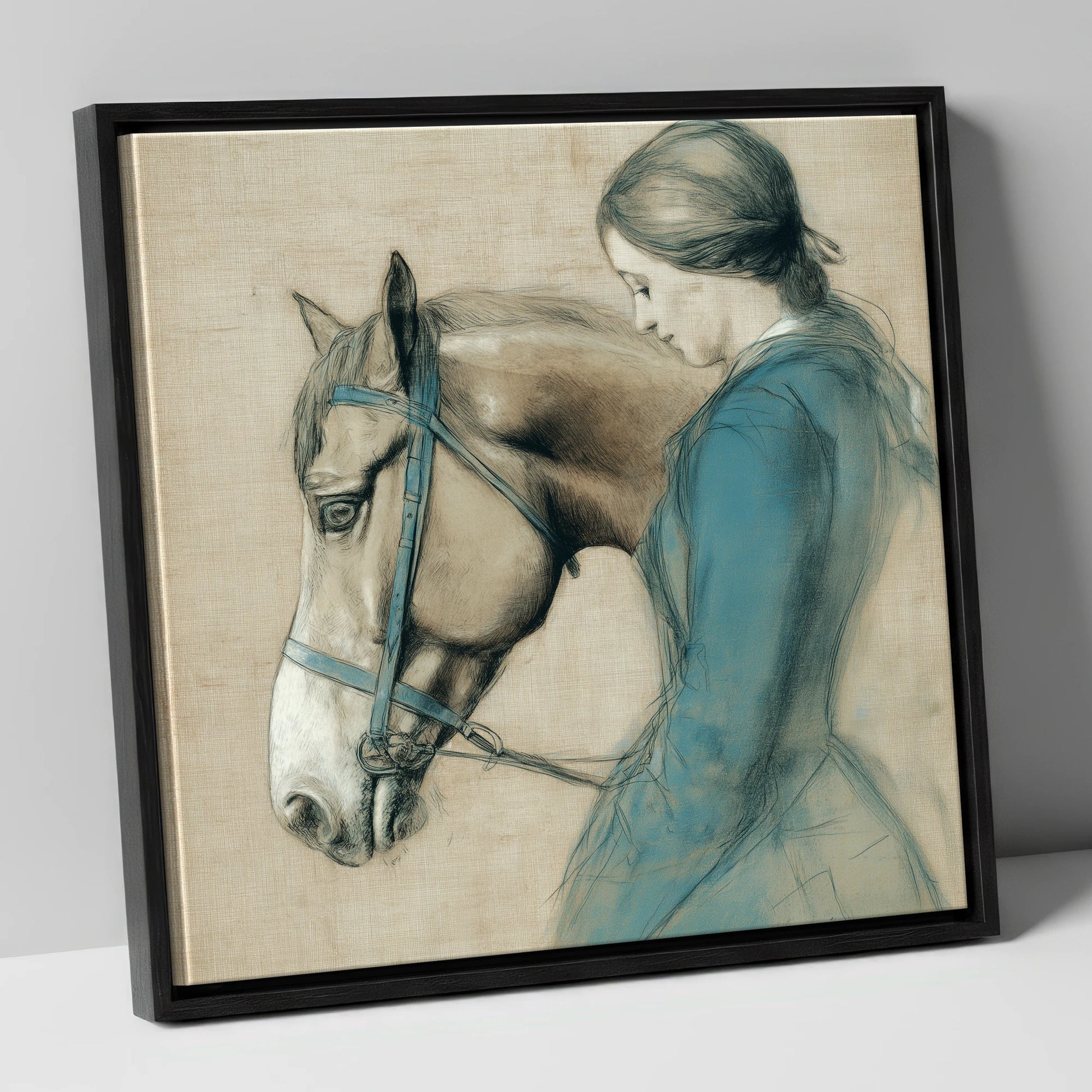 The Silent Bond horse & rider canvas wall art in black frame