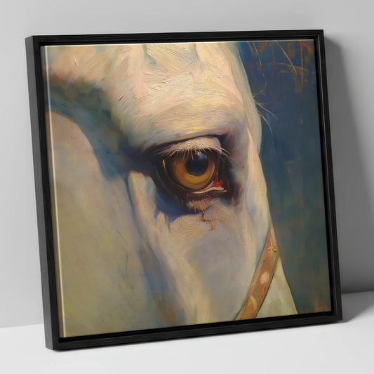 The Knowing Eye horse portrait canvas wall art in black frame