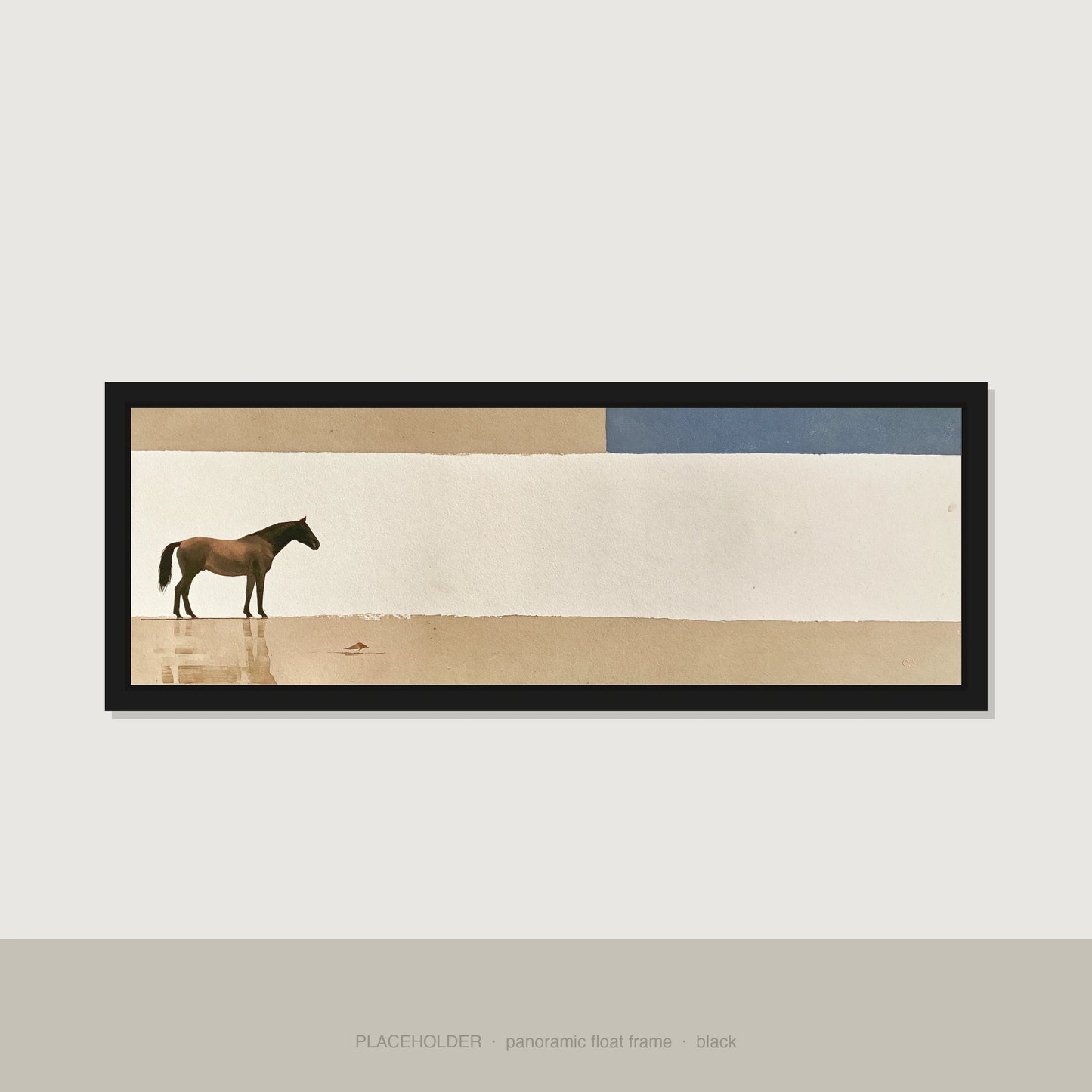 Minimalist Equine Horizon Horse Landscape panoramic canvas wall art in black float frame