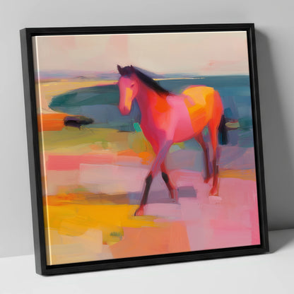 Vibrant Painted Stride horse landscape canvas wall art in black frame