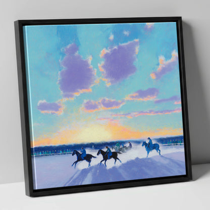 Winter Polo Dawn polo horse canvas wall art in black frame