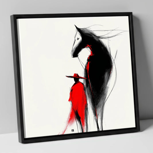 Crimson Rider Silhouette western horse canvas wall art in black frame