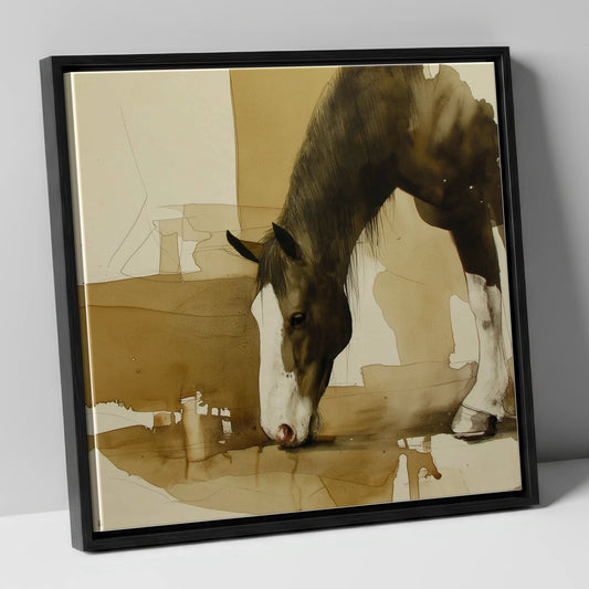Sepia Ink Wash Grazing Horse horse breed canvas wall art in black frame