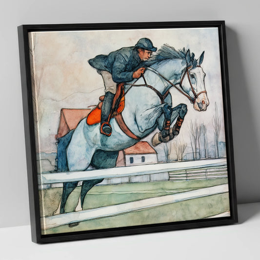 Clearing the Rails show jumping horse canvas wall art in black frame