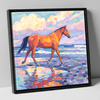 Vibrant Coastal Stroll horse landscape canvas wall art in black frame