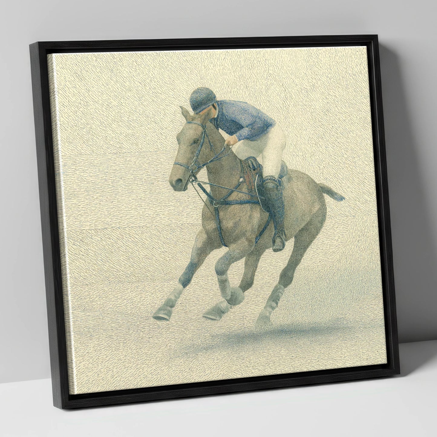 Chukka in Slate Blue polo horse canvas wall art in black frame