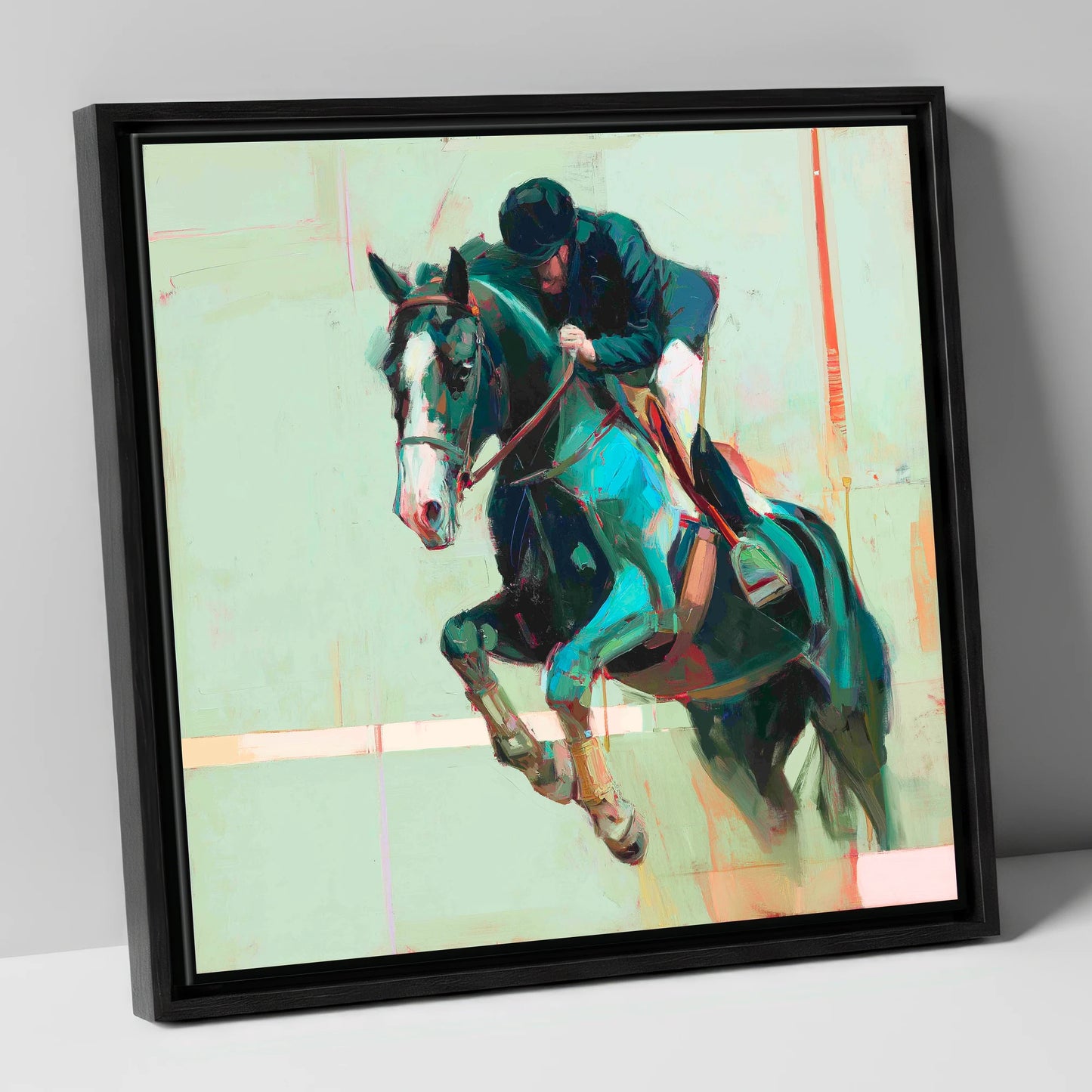 Airborne in Teal show jumping horse canvas wall art in black frame
