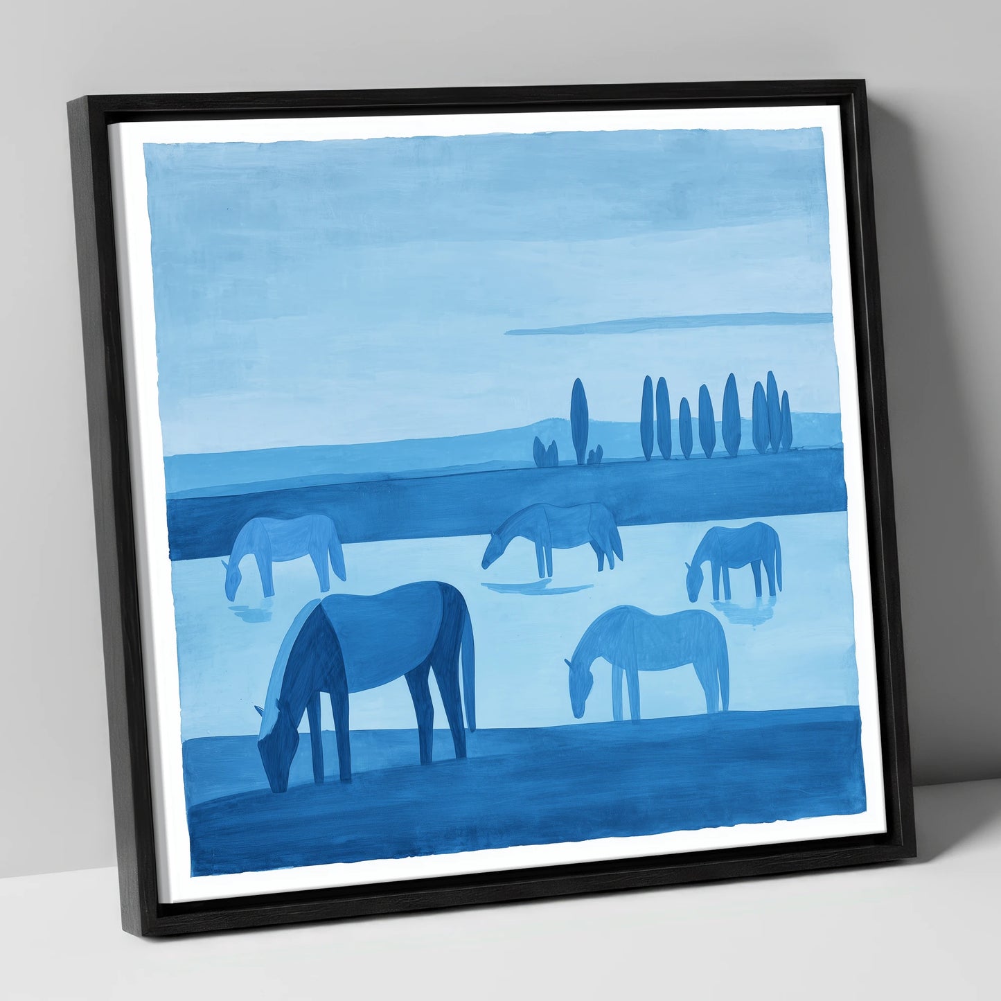 Azure Meadow Grazing horse landscape canvas wall art in black frame