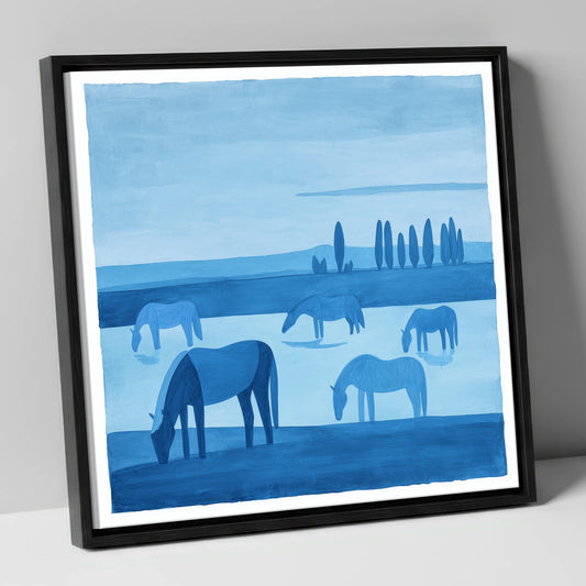 Azure Meadow Grazing horse landscape canvas wall art in black frame