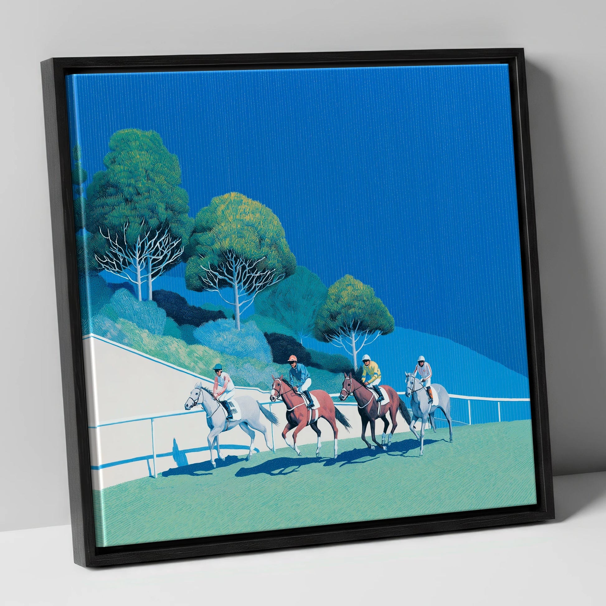 The Cerulean Sprint racing horse canvas wall art in black frame