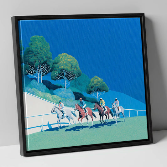 The Cerulean Sprint racing horse canvas wall art in black frame