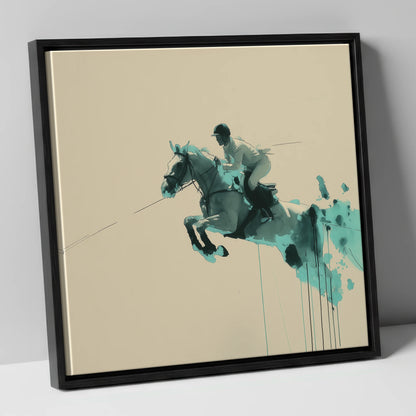 Suspended In Teal show jumping horse canvas wall art in black frame
