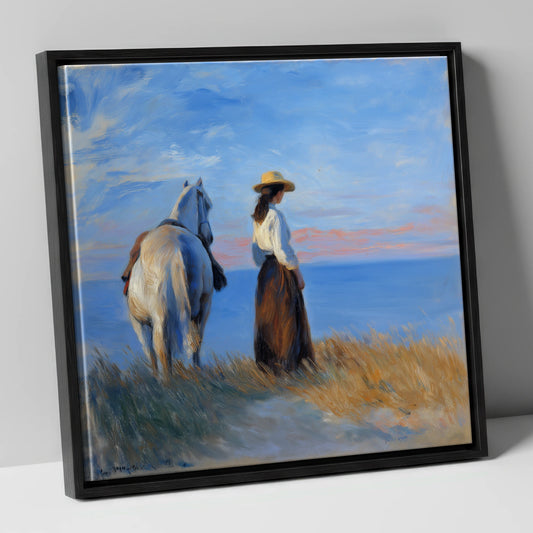 Contemplating the Horizon horse & rider canvas wall art in black frame