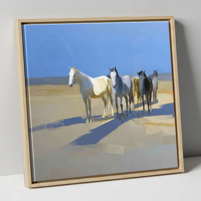 Sunlit High Plains wild horses canvas wall art in natural frame