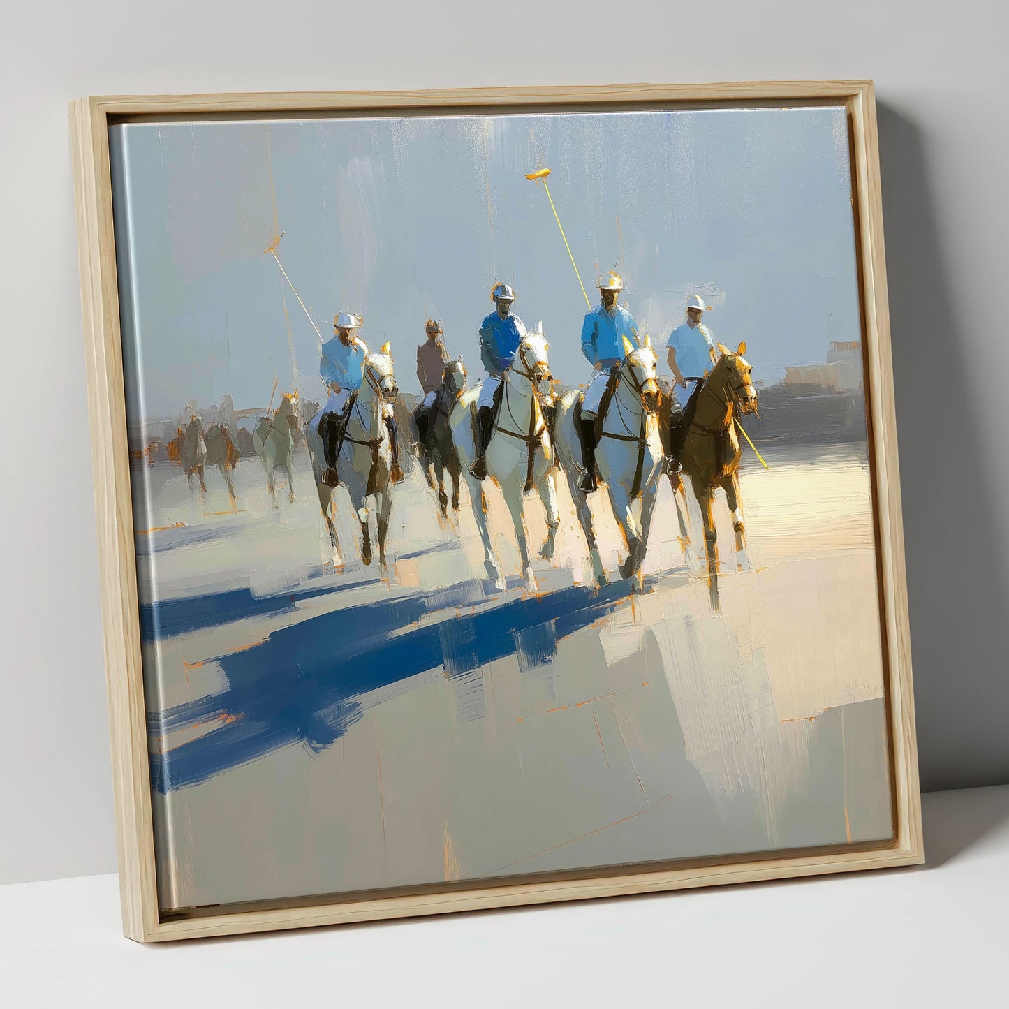Sunlit Polo Approach polo horse canvas wall art in natural frame