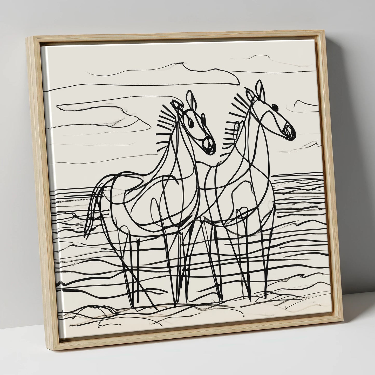 Linear Equine Companions horse landscape canvas wall art in natural frame