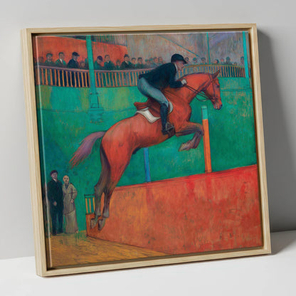 Emerald Arena Flight show jumping horse canvas wall art in natural frame