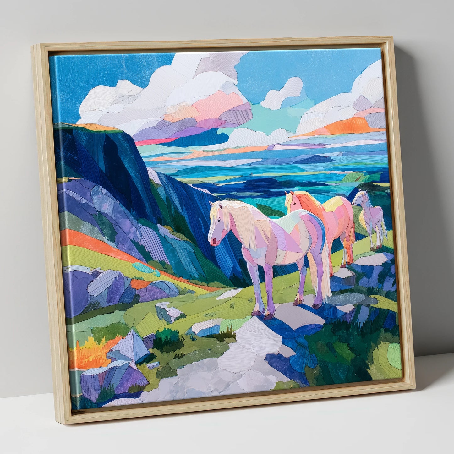 Vibrant Highland Dreamscape horse landscape canvas wall art in natural frame