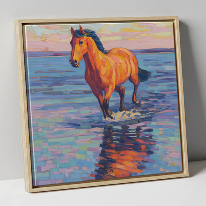 Sunset Shallows Stride beach horse canvas wall art in natural frame