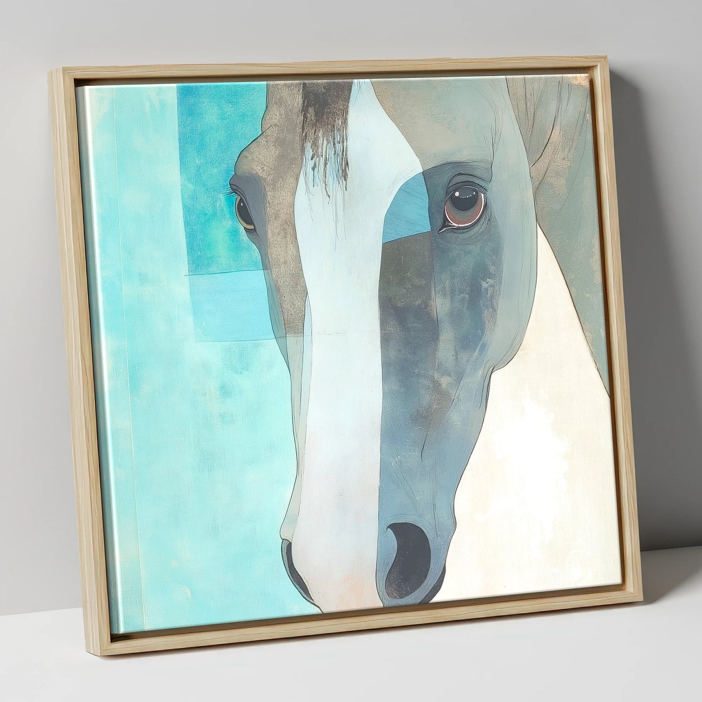 Modern Grey Gaze horse portrait canvas wall art in natural frame